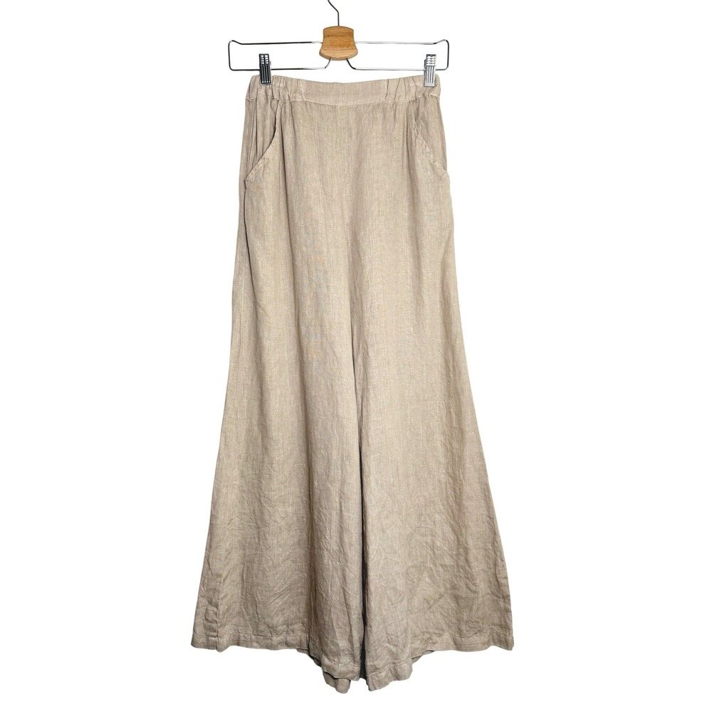 CP Shades Wide Leg Pants Women XS Beige 100% Linen Elastic Waist Pockets USA